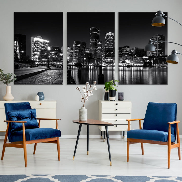 Black and White Boston Skyline Cityscape Canvas Art Print Oversized Wall Decor