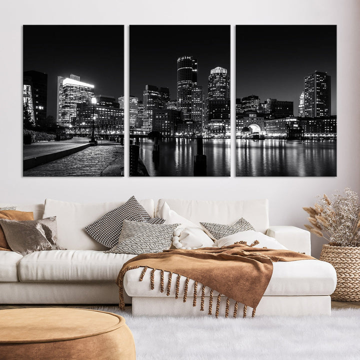 Black and White Boston Skyline Cityscape Canvas Art Print Oversized Wall Decor