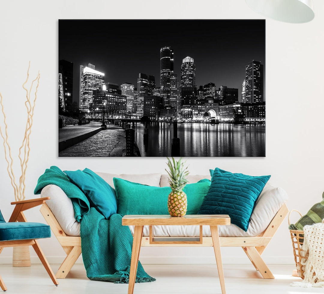 Black and White Boston Skyline Cityscape Canvas Art Print Oversized Wall Decor