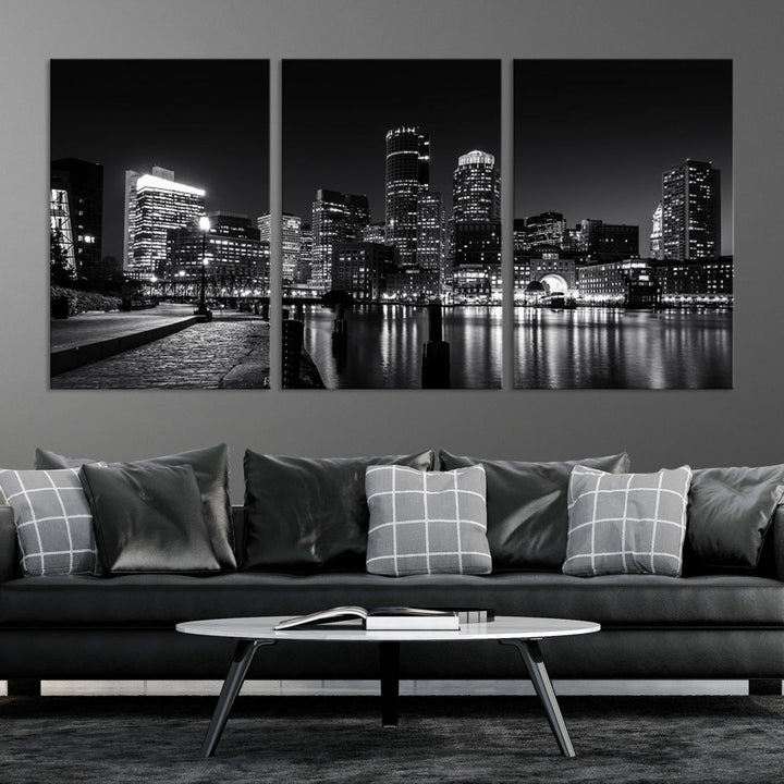 Black and White Boston Skyline Cityscape Canvas Art Print Oversized Wall Decor