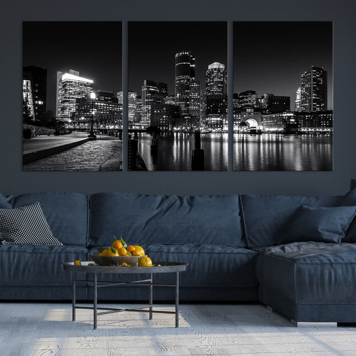 Black and White Boston Skyline Cityscape Canvas Art Print Oversized Wall Decor