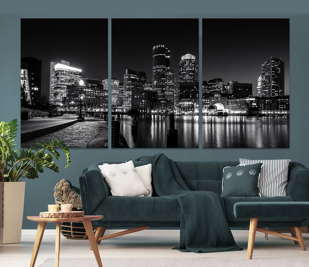 Black and White Boston Skyline Cityscape Canvas Art Print Oversized Wall Decor