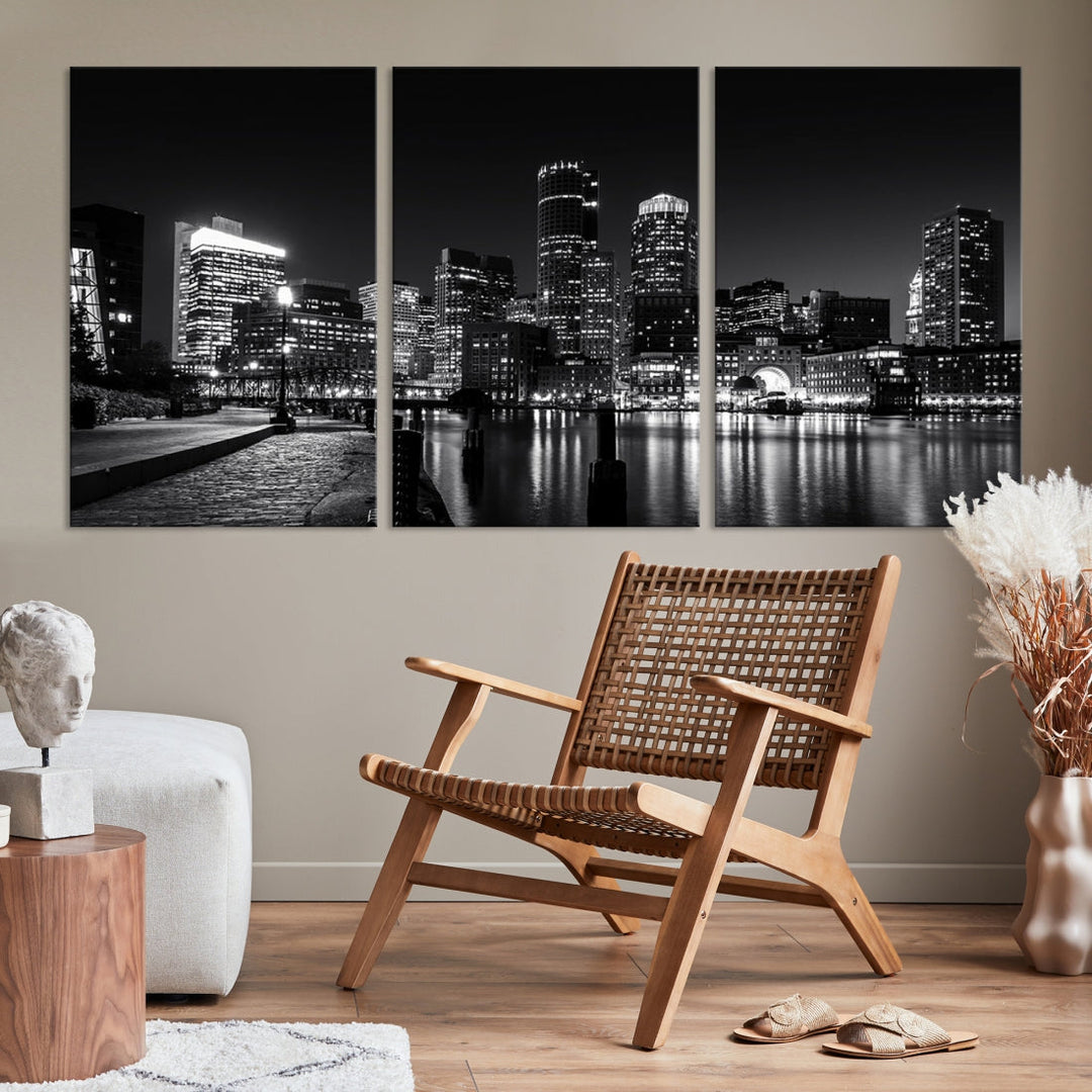 Black and White Boston Skyline Cityscape Canvas Art Print Oversized Wall Decor