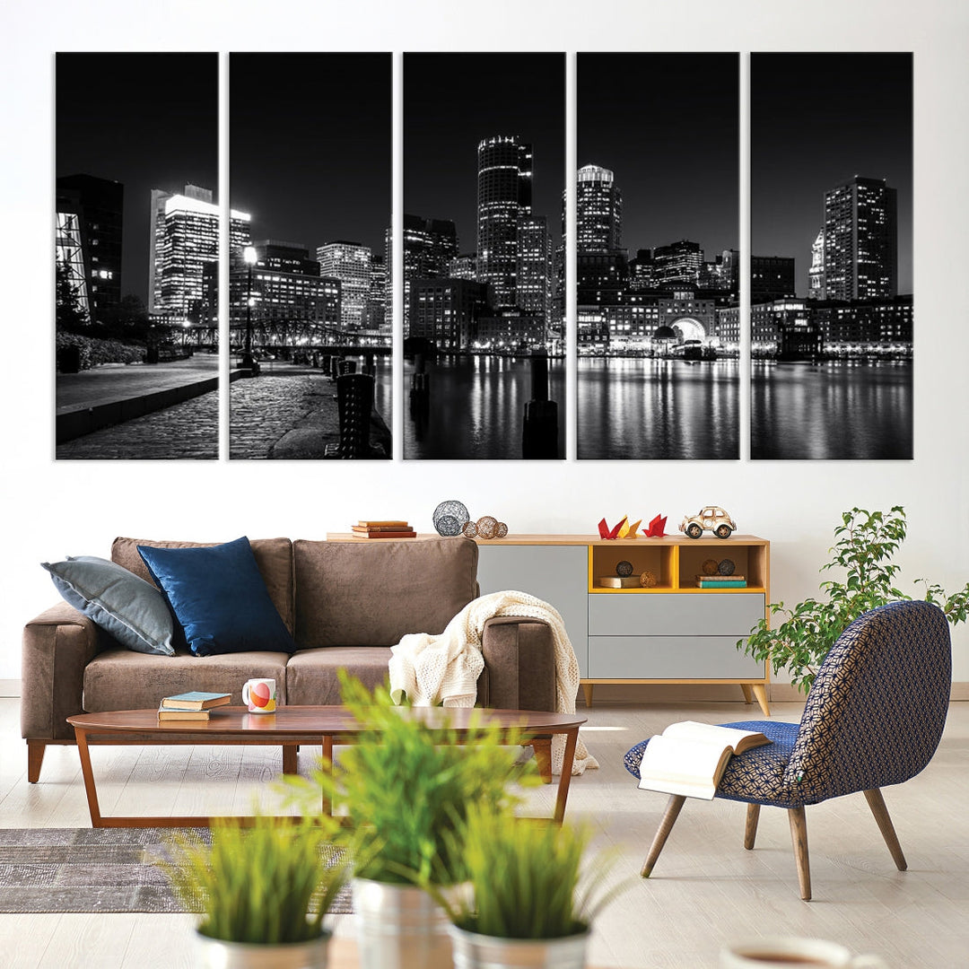 Black and White Boston Skyline Cityscape Canvas Art Print Oversized Wall Decor