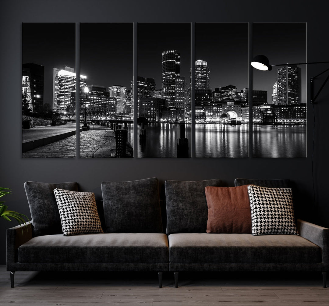 Black and White Boston Skyline Cityscape Canvas Art Print Oversized Wall Decor