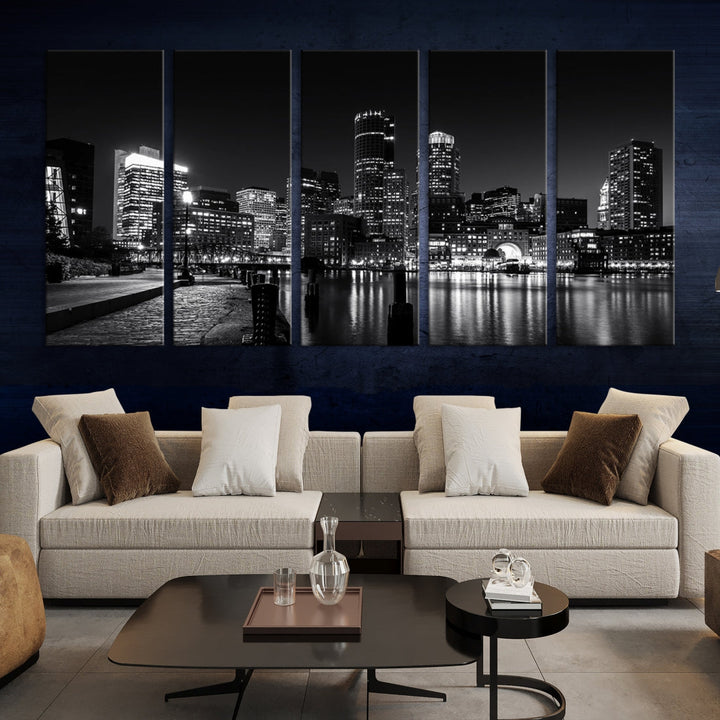 Black and White Boston Skyline Cityscape Canvas Art Print Oversized Wall Decor