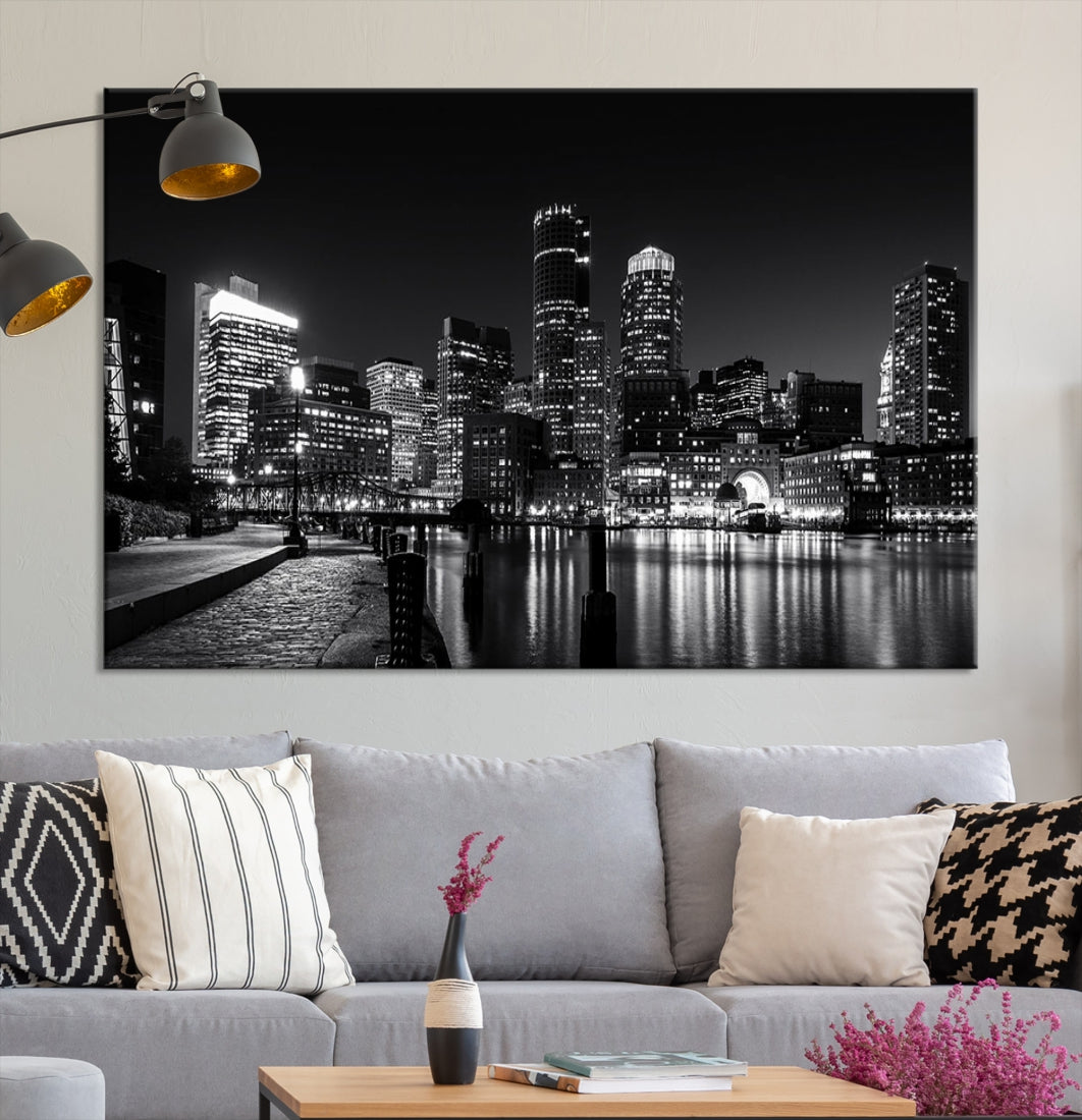 Black and White Boston Skyline Cityscape Canvas Art Print Oversized Wall Decor