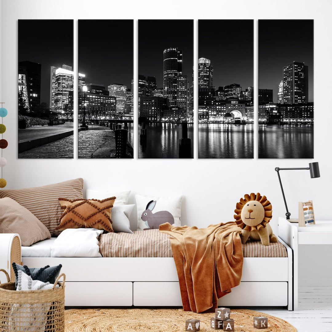 Black and White Boston Skyline Cityscape Canvas Art Print Oversized Wall Decor