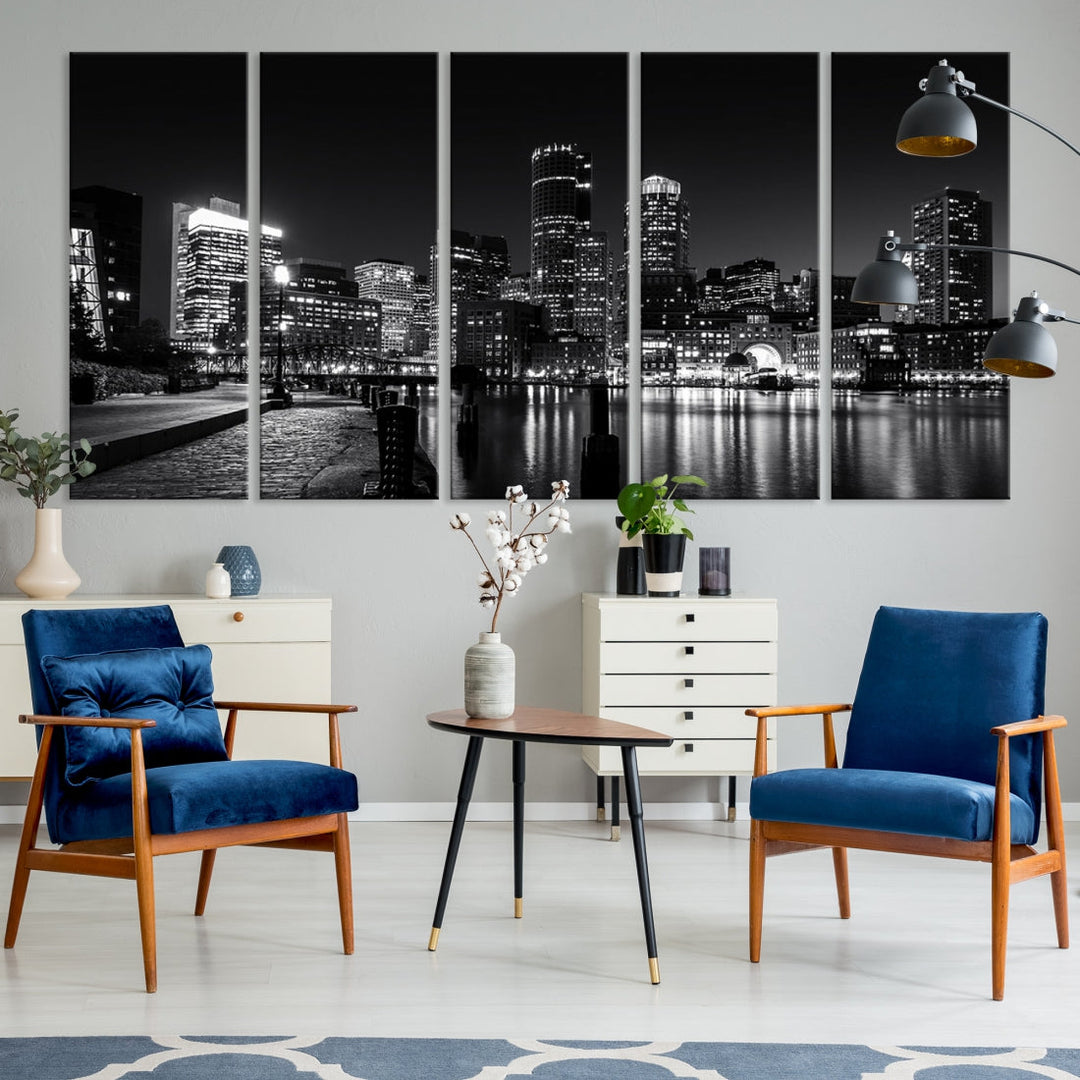 Black and White Boston Skyline Cityscape Canvas Art Print Oversized Wall Decor