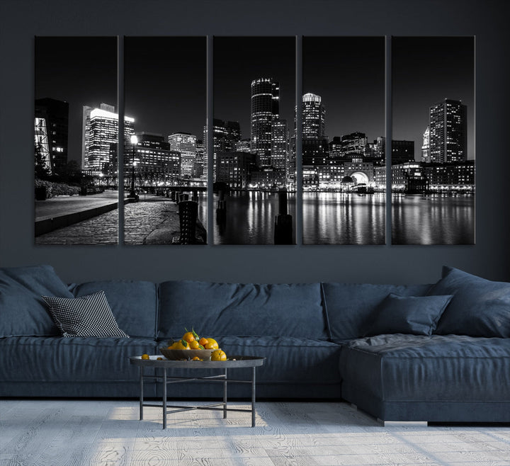 Black and White Boston Skyline Cityscape Canvas Art Print Oversized Wall Decor