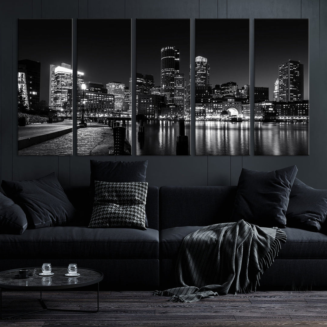 Black and White Boston Skyline Cityscape Canvas Art Print Oversized Wall Decor