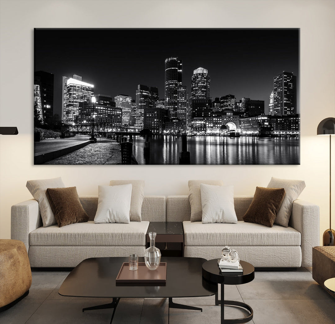 Black and White Boston Skyline Cityscape Canvas Art Print Oversized Wall Decor