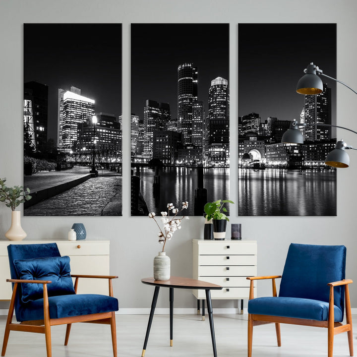 Black and White Boston Skyline Cityscape Canvas Art Print Oversized Wall Decor