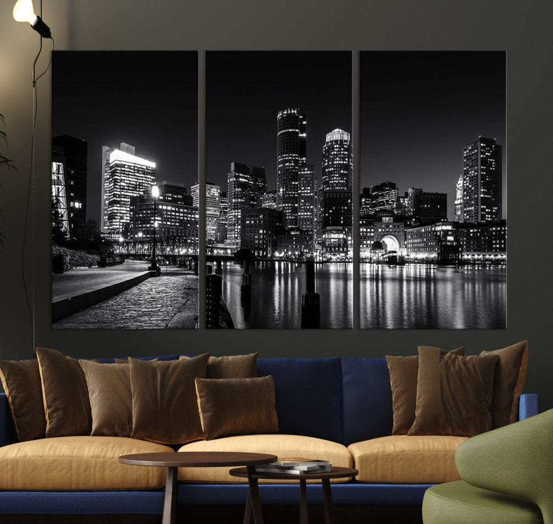 Black and White Boston Skyline Cityscape Canvas Art Print Oversized Wall Decor