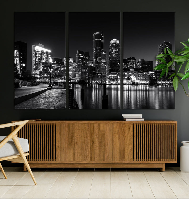 Black and White Boston Skyline Cityscape Canvas Art Print Oversized Wall Decor