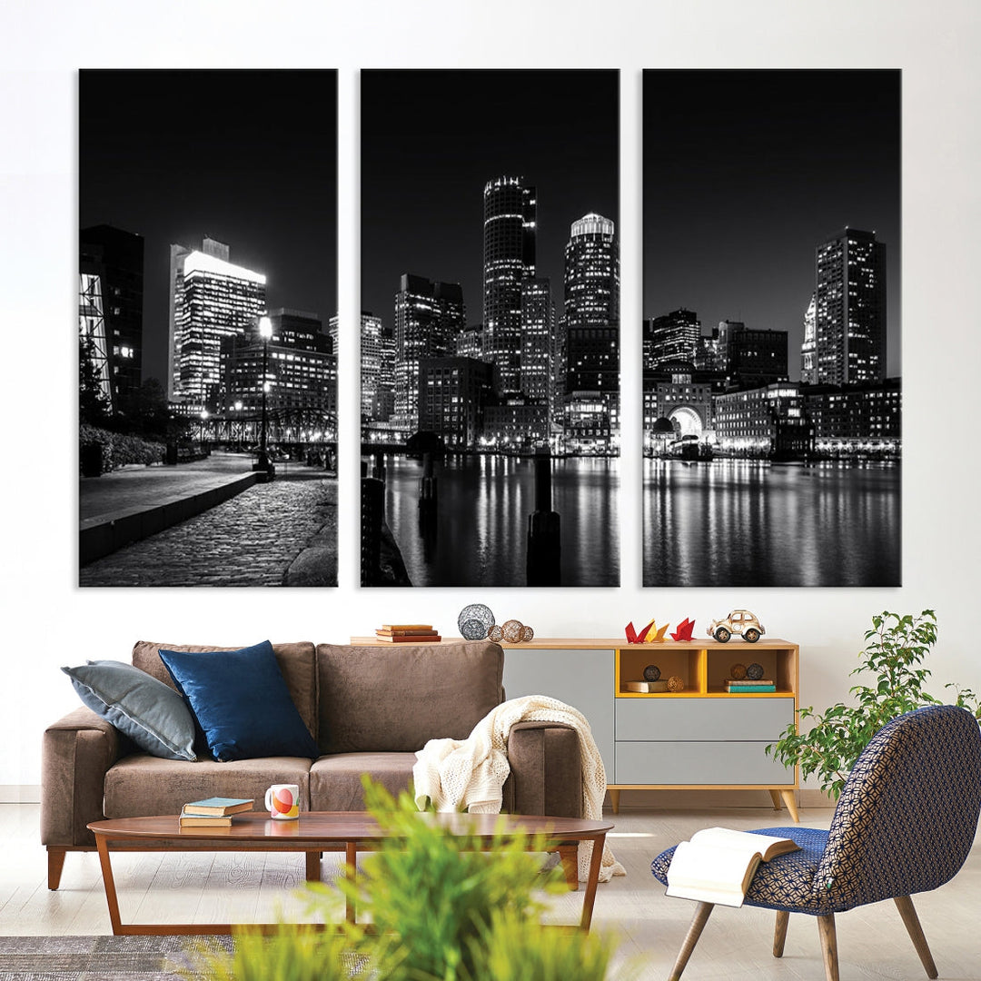 Black and White Boston Skyline Cityscape Canvas Art Print Oversized Wall Decor