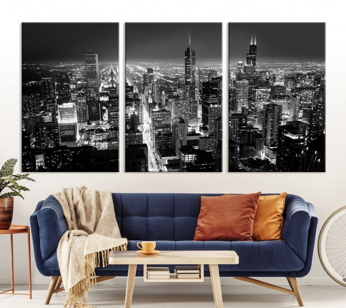 Black and White Chicago Night Skyline Wall Art Canvas Print