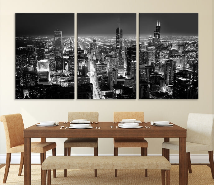 Black and White Chicago Night Skyline Wall Art Canvas Print