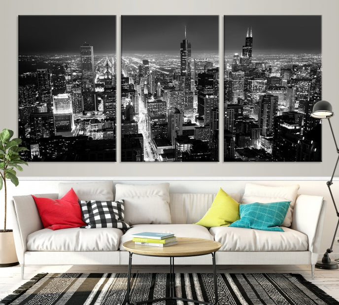 Black and White Chicago Night Skyline Wall Art Canvas Print