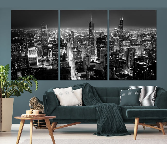 Black and White Chicago Night Skyline Wall Art Canvas Print