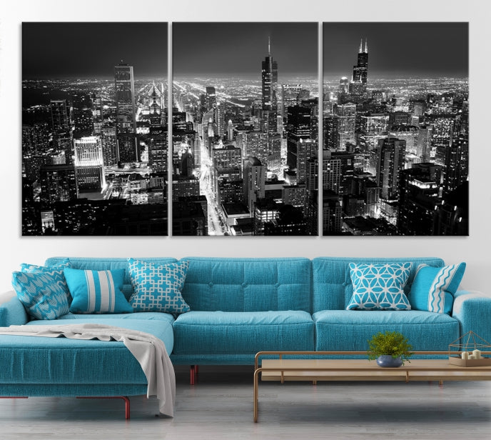 Black and White Chicago Night Skyline Wall Art Canvas Print