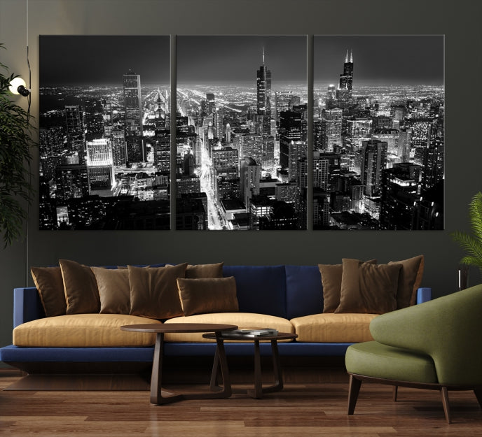 Black and White Chicago Night Skyline Wall Art Canvas Print