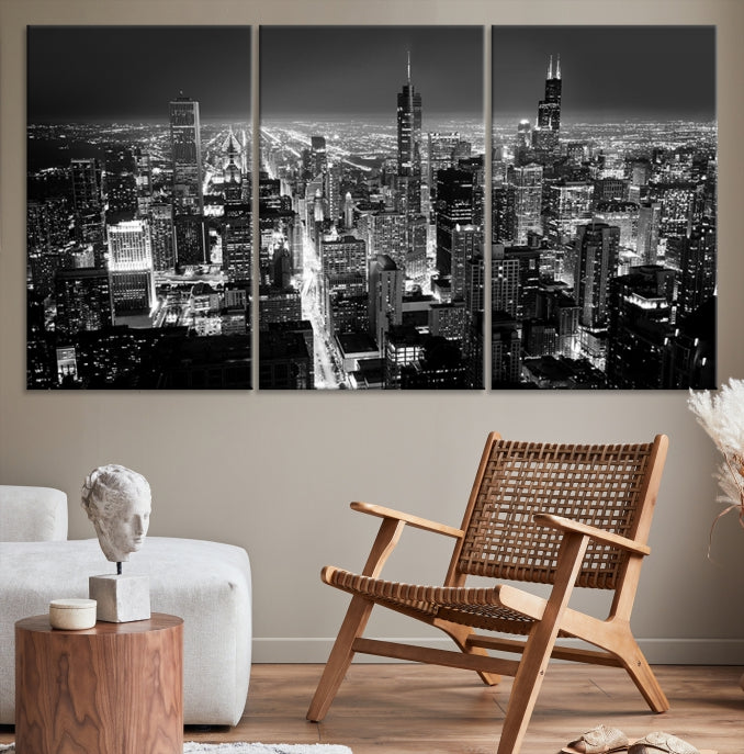 Black and White Chicago Night Skyline Wall Art Canvas Print