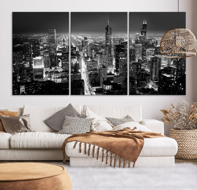 Black and White Chicago Night Skyline Wall Art Canvas Print