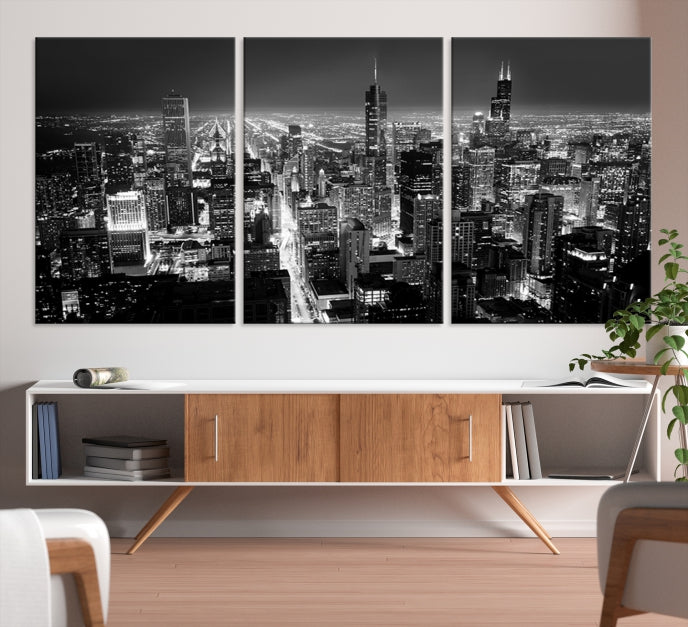 Black and White Chicago Night Skyline Wall Art Canvas Print