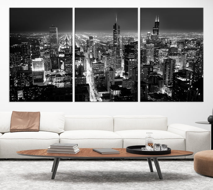 Black and White Chicago Night Skyline Wall Art Canvas Print