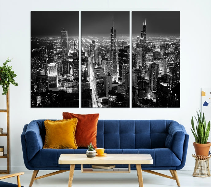 Black and White Chicago Night Skyline Wall Art Canvas Print