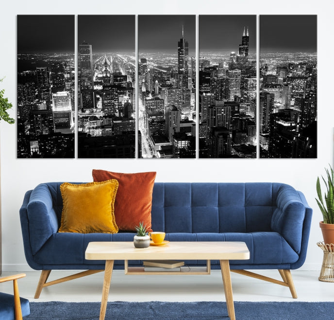 Black and White Chicago Night Skyline Wall Art Canvas Print