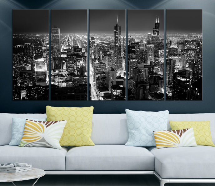 Black and White Chicago Night Skyline Wall Art Canvas Print