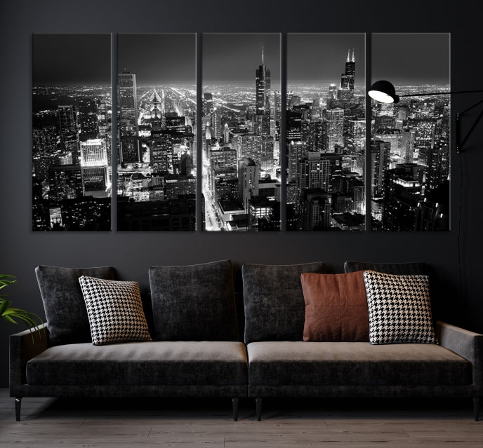 Black and White Chicago Night Skyline Wall Art Canvas Print