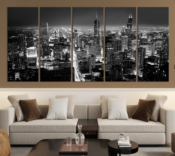 Black and White Chicago Night Skyline Wall Art Canvas Print