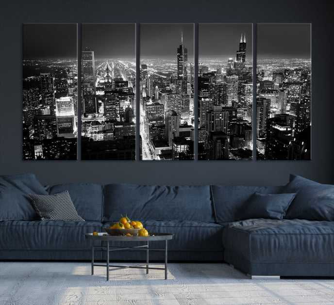 Black and White Chicago Night Skyline Wall Art Canvas Print