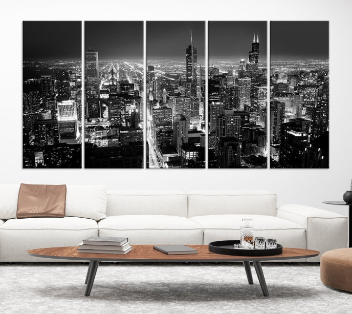 Black and White Chicago Night Skyline Wall Art Canvas Print