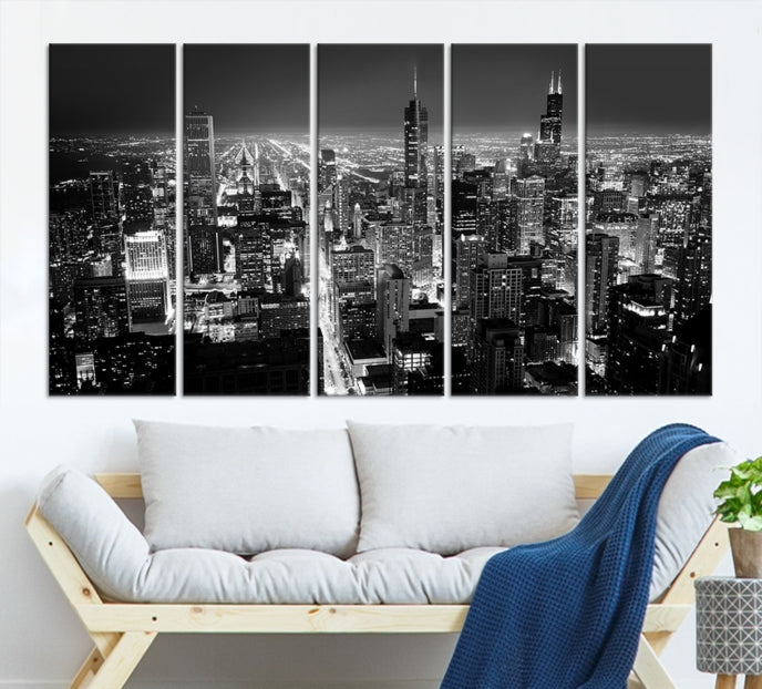 Black and White Chicago Night Skyline Wall Art Canvas Print