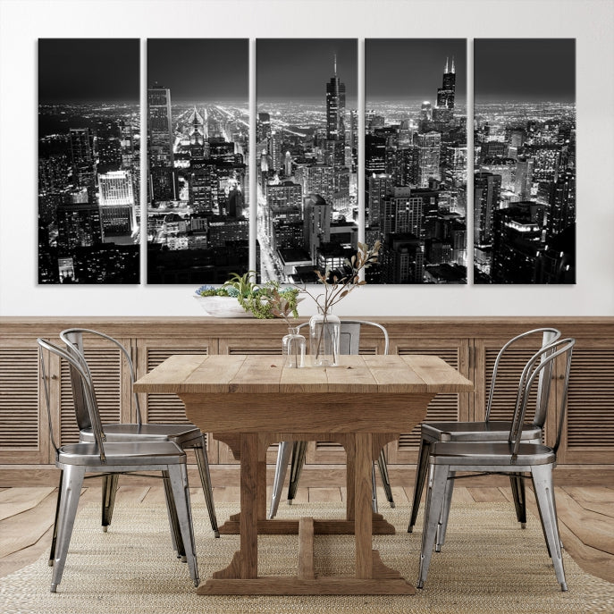 Black and White Chicago Night Skyline Wall Art Canvas Print