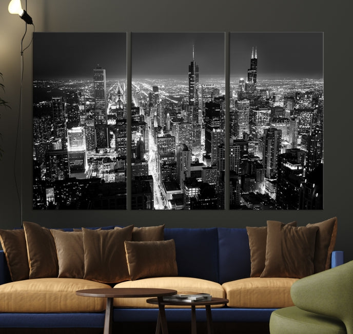 Black and White Chicago Night Skyline Wall Art Canvas Print