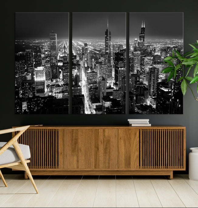 Black and White Chicago Night Skyline Wall Art Canvas Print