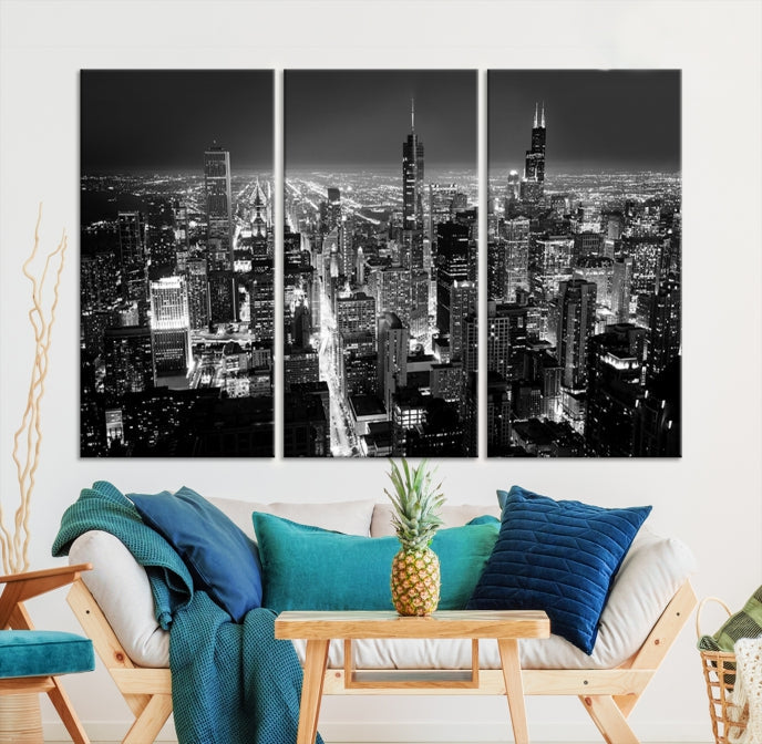 Black and White Chicago Night Skyline Wall Art Canvas Print