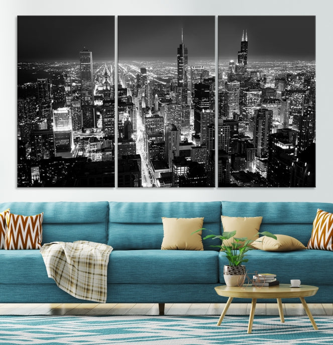 Black and White Chicago Night Skyline Wall Art Canvas Print