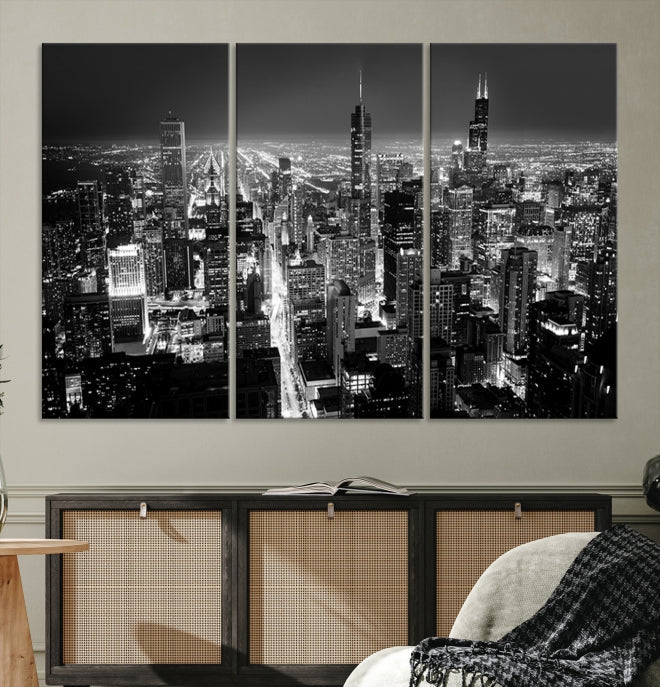 Black and White Chicago Night Skyline Wall Art Canvas Print