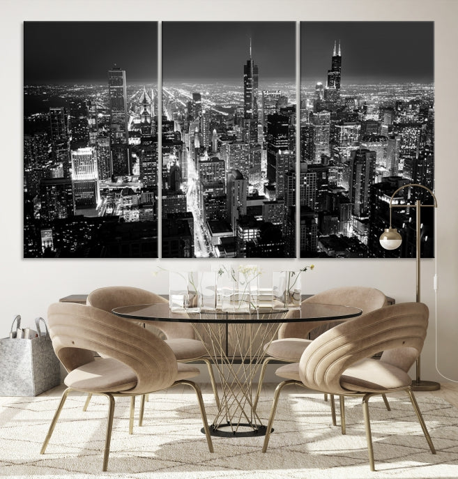 Black and White Chicago Night Skyline Wall Art Canvas Print