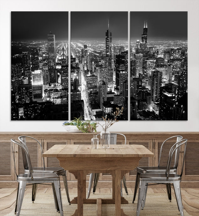 Black and White Chicago Night Skyline Wall Art Canvas Print