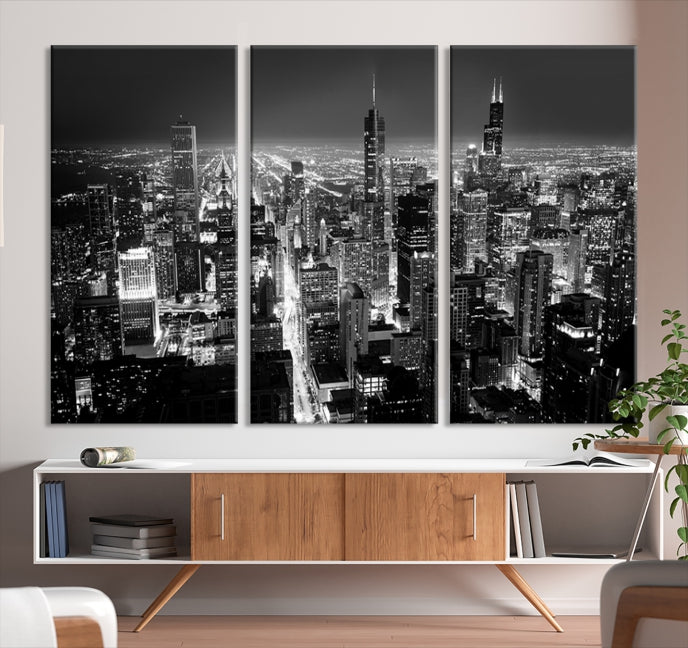 Black and White Chicago Night Skyline Wall Art Canvas Print