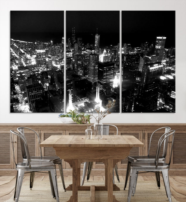 Black and White Chicago Wall Art Print Night Skyline Cityscape Canvas Decor