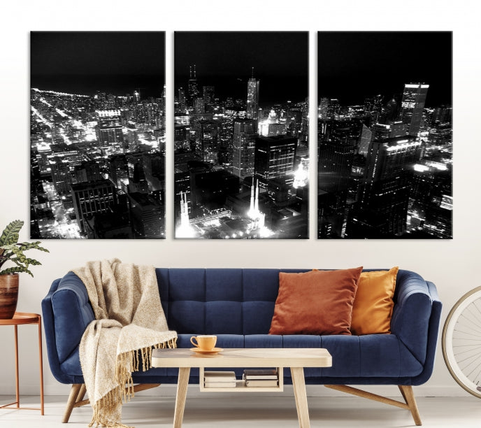 Black and White Chicago Wall Art Print Night Skyline Cityscape Canvas Decor