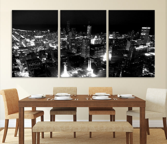 Black and White Chicago Wall Art Print Night Skyline Cityscape Canvas Decor